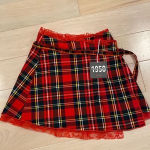 1950 I Pinco Pallino red lace plaid pleated wrap skirt